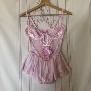 Dolls Kill Sugar Thrillz BABY SPOILED BUT NOT ROTTEN LACE TEDDY Pink Sz S NWT